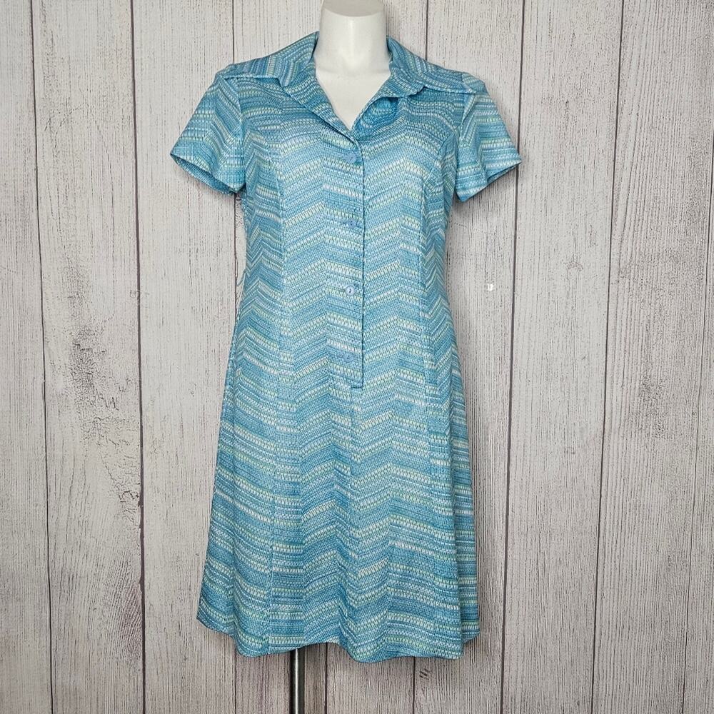 VTG 70s Flutterbye Blue & White Chevron Button Up Shirt Dress, size Large